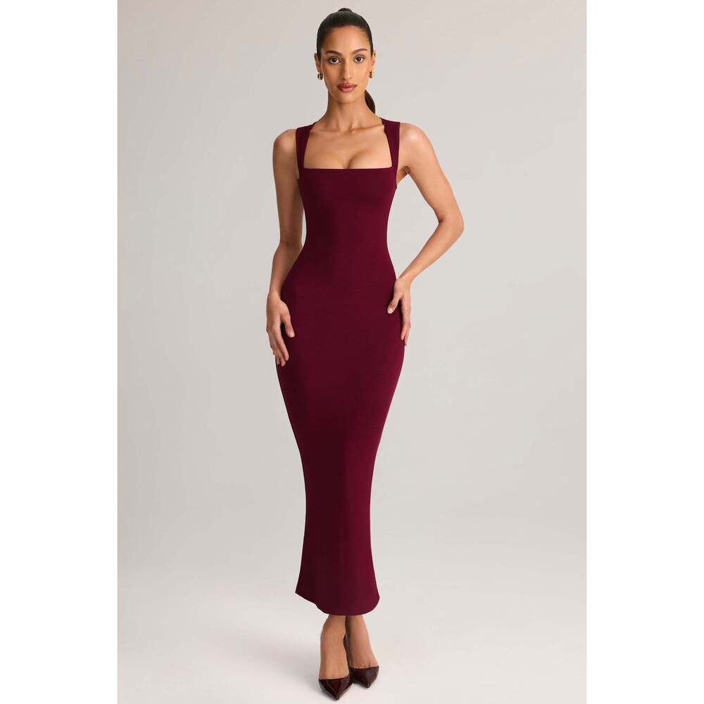 Oh Polly Modal Square-Neck Midi Dress in Wine Size MM
